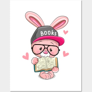 Cute smart bunny with glasses and a book Posters and Art